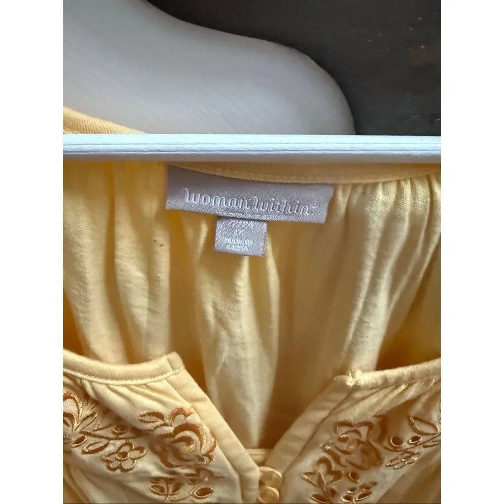Woman Within Yellow Embroidered Boho Flutter Sleeve Top sz 1X